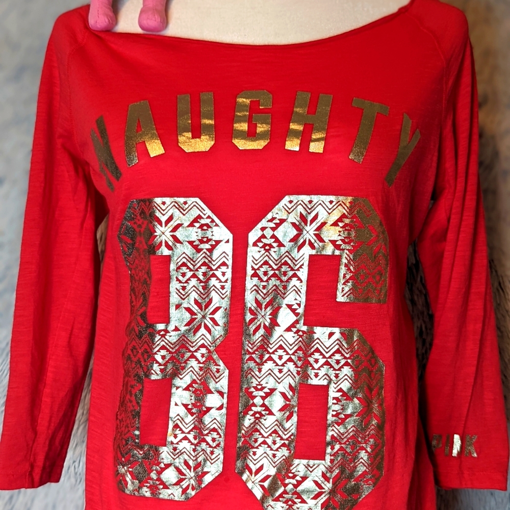 PINK Victoria's Secret "Naughty" Christmas XS Red Varsity Style Sleep Shirt